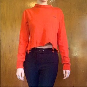 Chaps Distressed Cropped Sweater in Red Orange- S